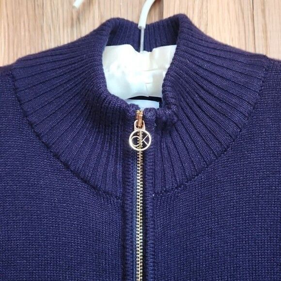 Calvin Klein Mock Neck Zip Up Knit Preppy Cardigan, Small, Blue w/ Gold Zipper - Picture 2 of 8